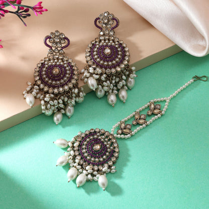 Kundan-Ohrringe in Königsviolett, Tikka-Set, ideal für Partys und festliche Looks
