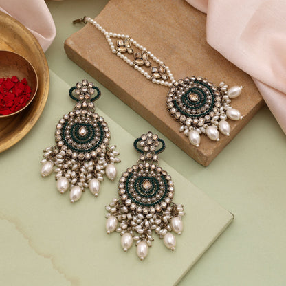 Radiant Rama Green Color Kundan Earrings Tikka Set For Festive And Bridal Look