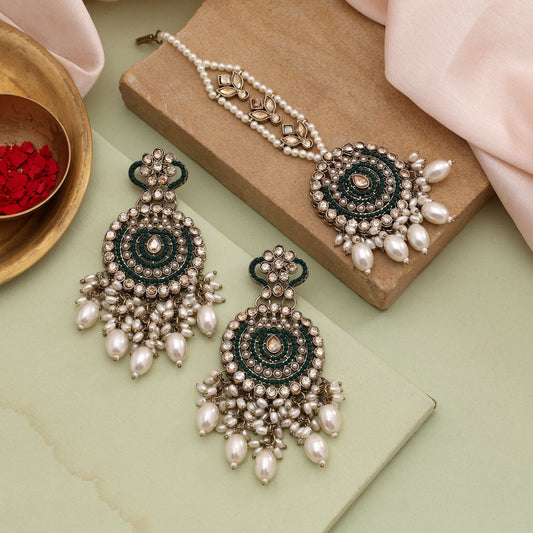 Radiant Rama Green Color Kundan Earrings Tikka Set For Festive And Bridal Look
