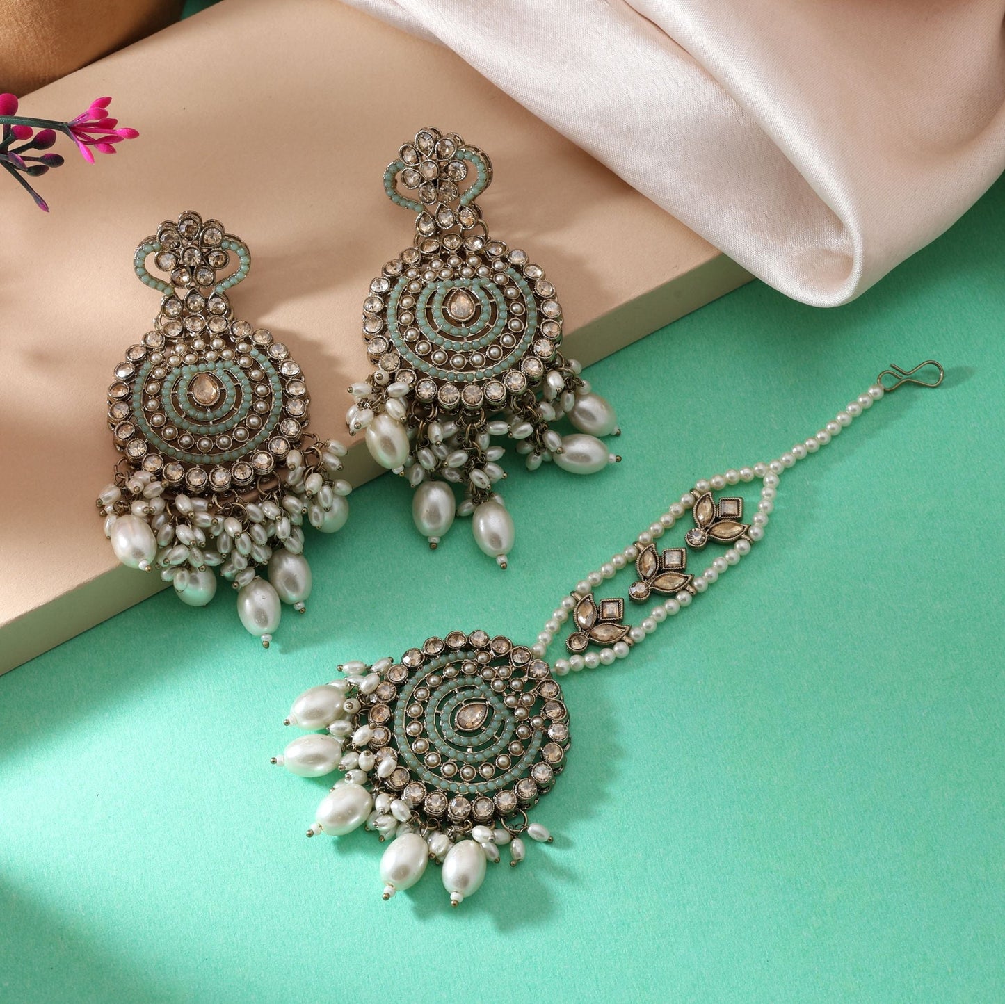 Trendy Sky Blue Color Kundan Earrings Tikka Set For Traditional Indian Outfits
