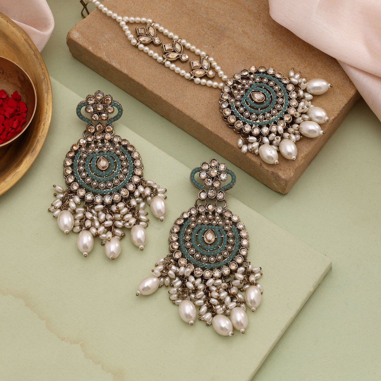 Trendy Sky Blue Color Kundan Earrings Tikka Set For Traditional Indian Outfits