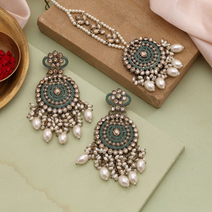 Trendy Sky Blue Color Kundan Earrings Tikka Set For Traditional Indian Outfits
