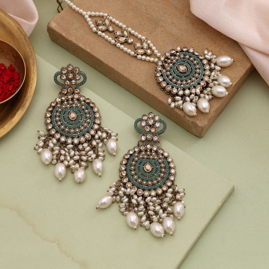 Trendy Sky Blue Color Kundan Earrings Tikka Set For Traditional Indian Outfits