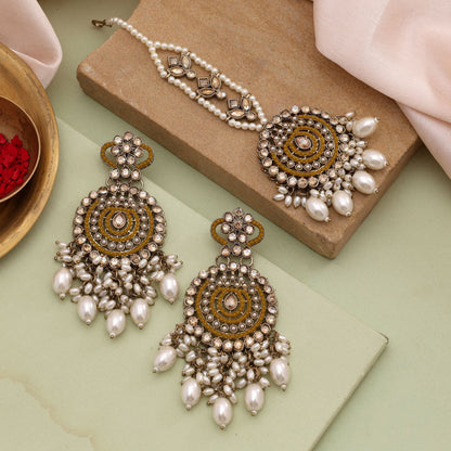 Bright Yellow Color Kundan Earrings Tikka Set Ideal For Festive And Casual Wear