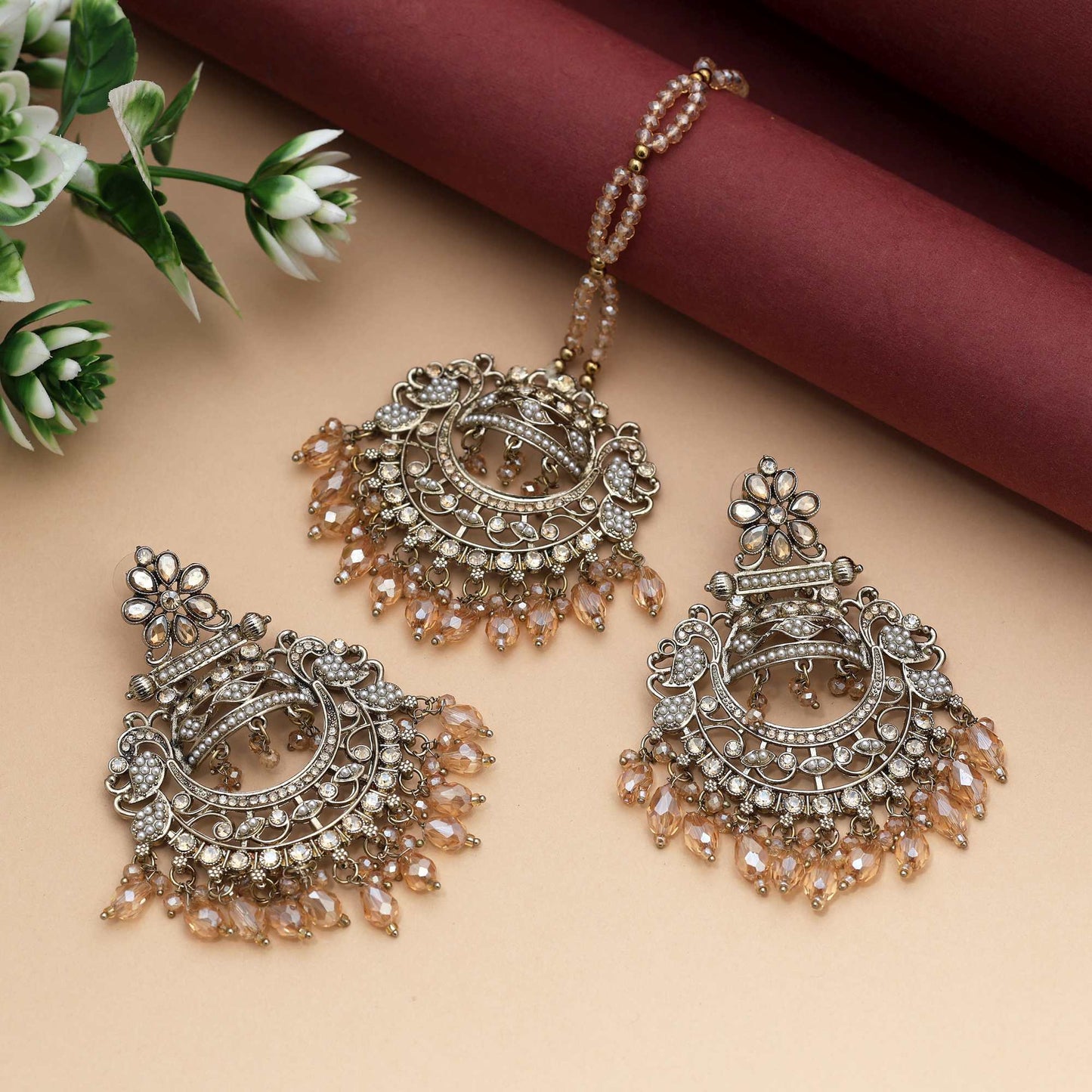 Gold Color Kundan Earrings Tikka Set With Beautiful Traditional Bridal Inspired Design