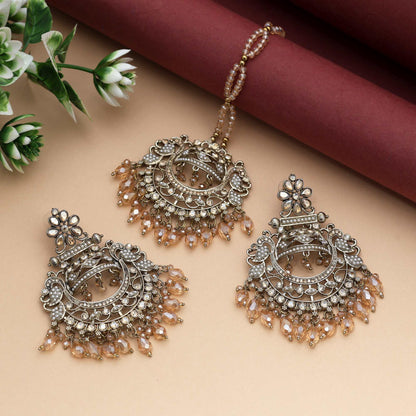 Gold Color Kundan Earrings Tikka Set With Beautiful Traditional Bridal Inspired Design