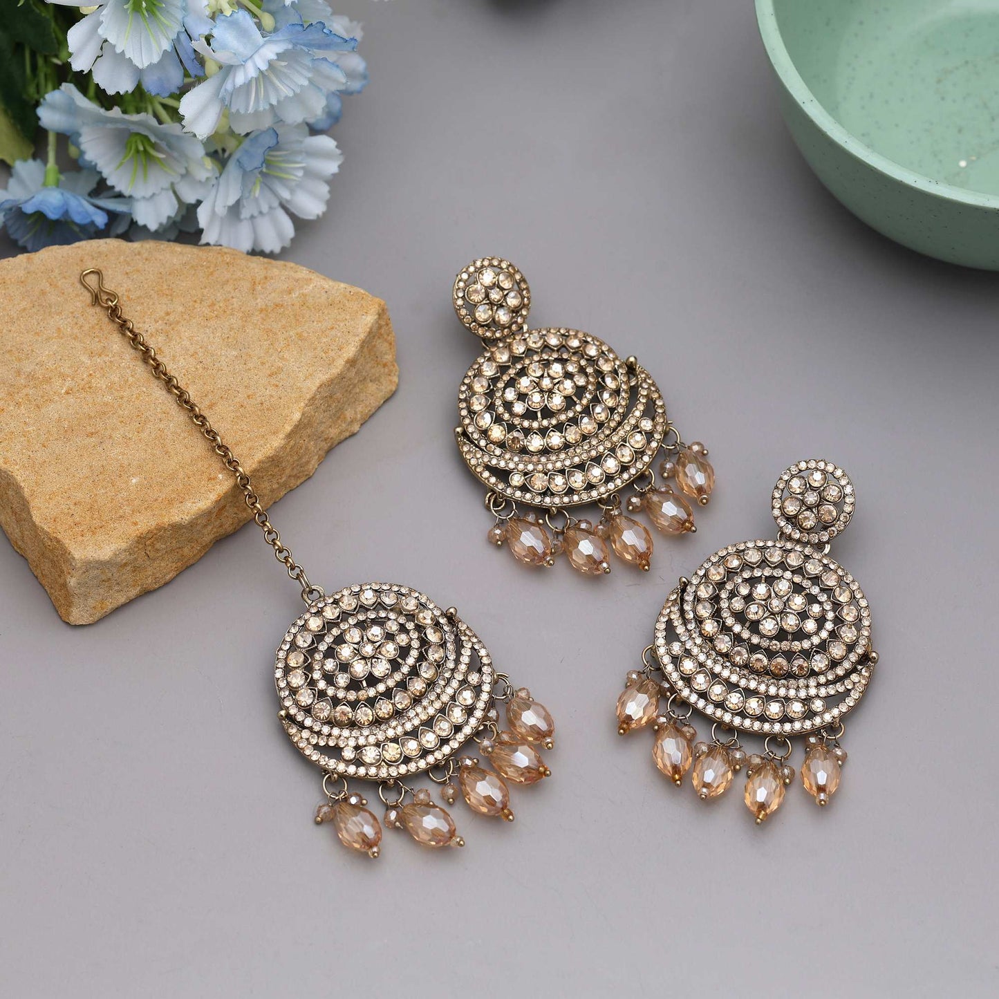 Gold Color Kundan Earrings Tikka Set Featuring Elegant Ethnic Handmade Polished Craftwork