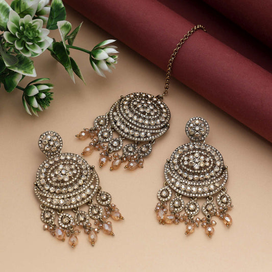 Gold Color Kundan Earrings Tikka Set Crafted With Premium Bridal Style Kundan Detailing