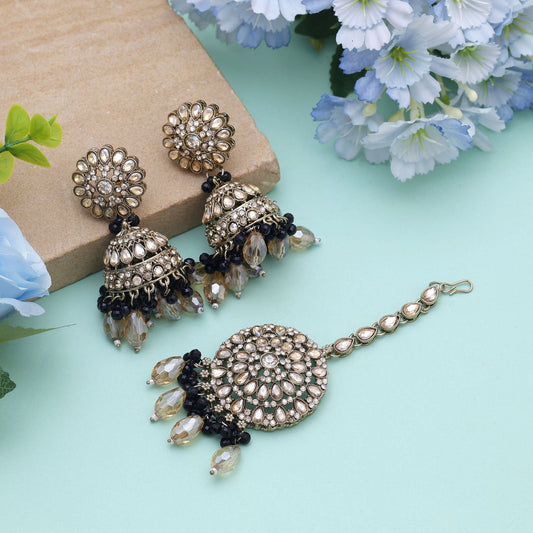 Black Color Kundan Earrings Tikka Set For Bold Traditional Kundan Earrings Looks