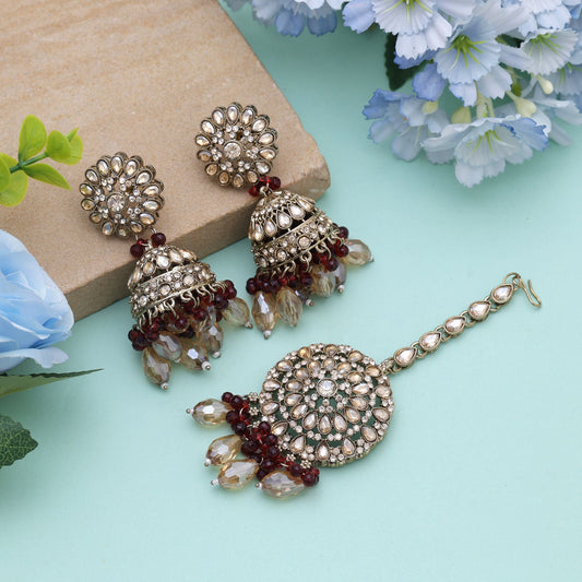 Maroon Color Kundan Earrings Tikka Set With Rich Traditional Kundan Earrings Appeal