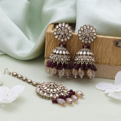 Purple Color Kundan Earrings Tikka Set Inspired By Royal Festive Kundan Earrings