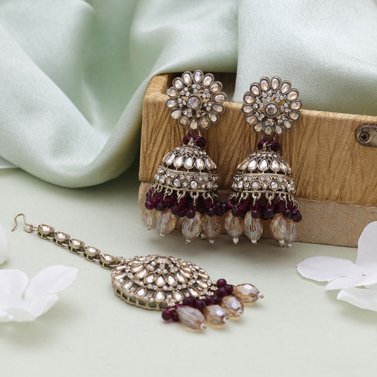 Purple Color Kundan Earrings Tikka Set Inspired By Royal Festive Kundan Earrings