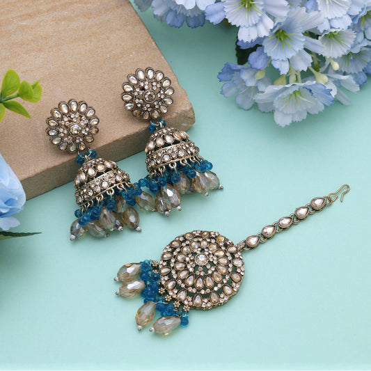 Rama Green Color Kundan Earrings Tikka Set With Traditional Festive Kundan Earrings