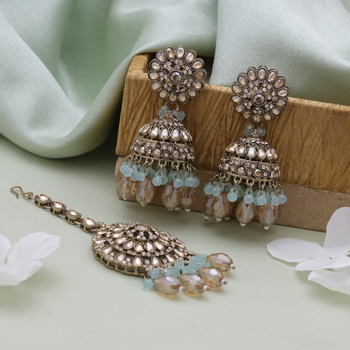 Sky Blue Color Kundan Earrings Tikka Set Designed For Soft Festive Kundan Earrings Looks