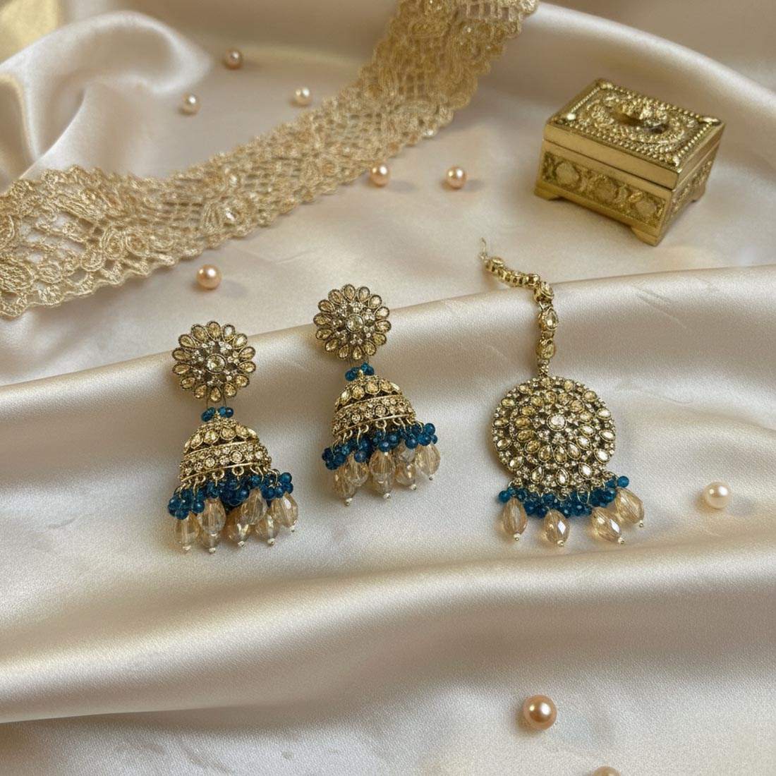 Turquoise Blue Color Kundan Earrings Tikka Set With Classic Festive Kundan Earrings