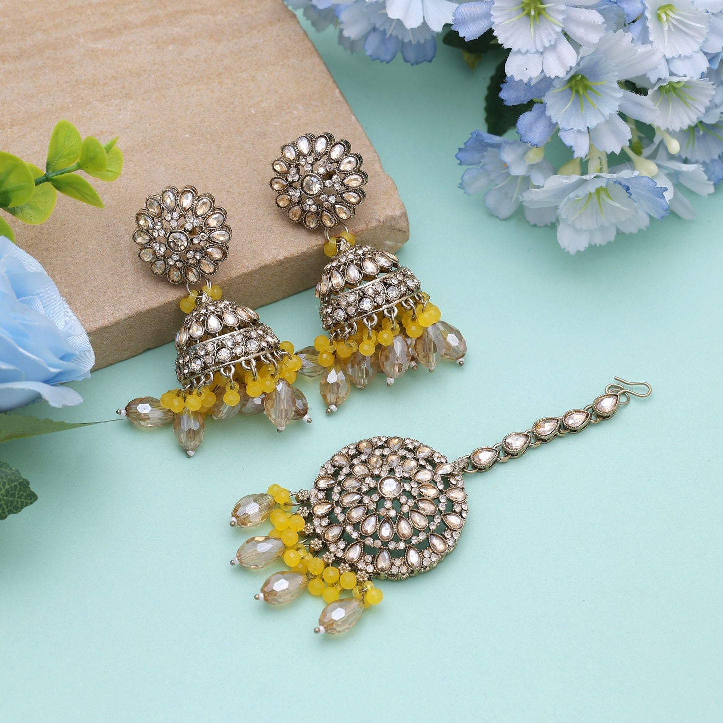 Yellow Color Kundan Earrings Tikka Set With Bright Festive Kundan Earrings Appeal