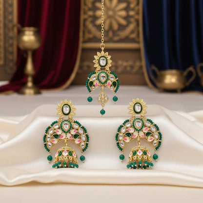 Green Color Meena Work Kundan Earrings Tikka Set With Elegant Festive Kundan Earrings