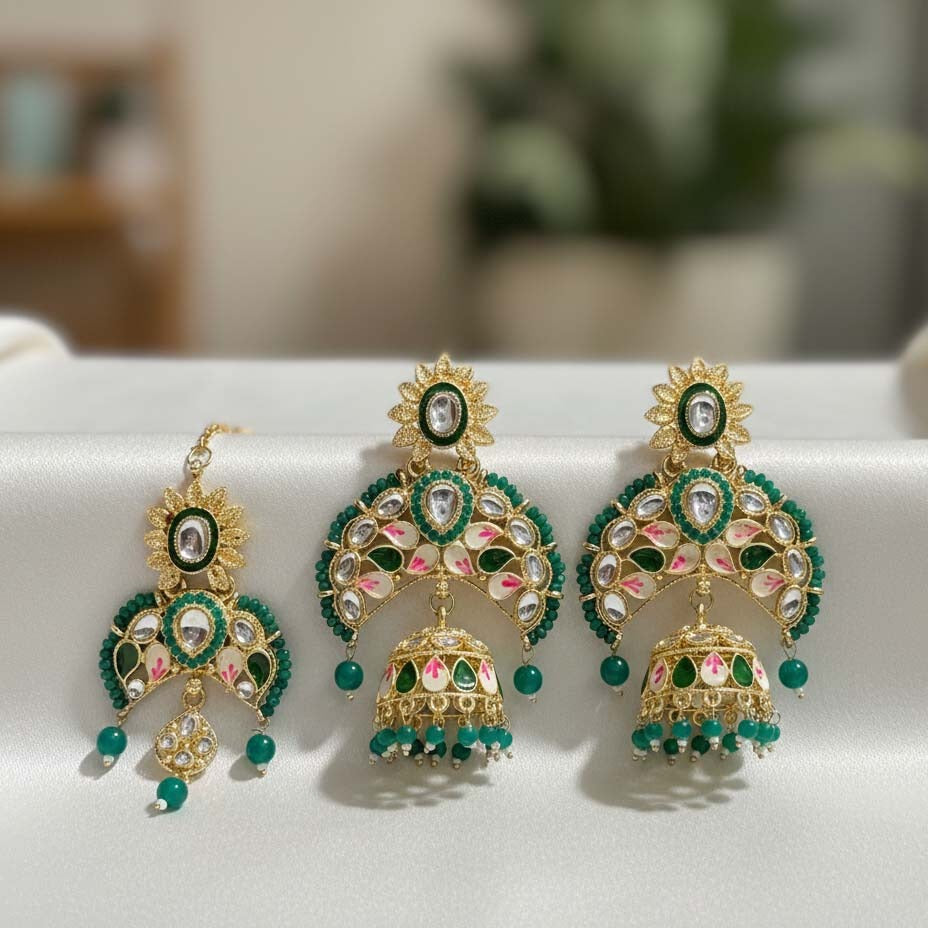 Green Color Meena Work Kundan Earrings Tikka Set With Elegant Festive Kundan Earrings