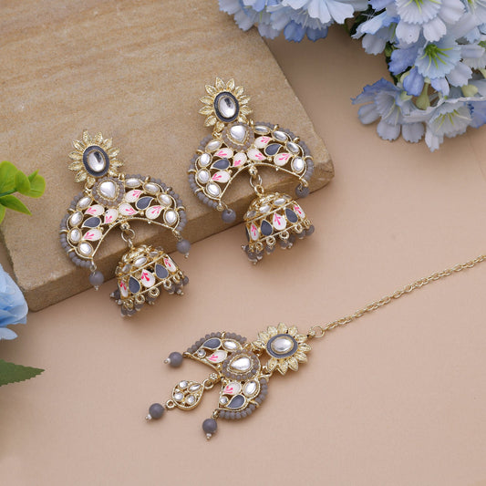 Grey Color Meena Work Kundan Earrings Tikka Set Featuring Modern Ethnic Kundan Earrings