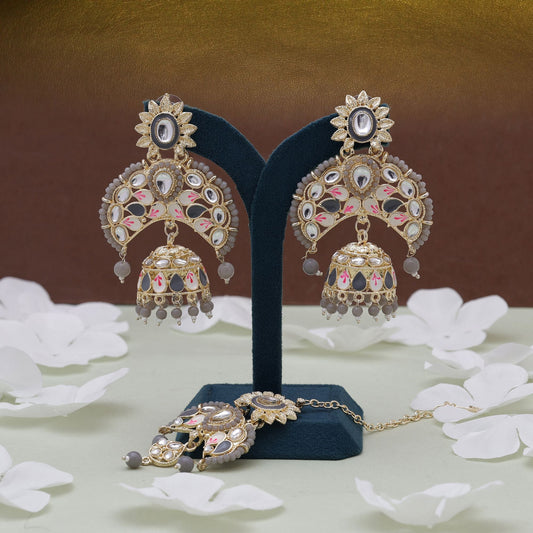 Grey Color Meena Work Kundan Earrings Tikka Set Featuring Modern Ethnic Kundan Earrings