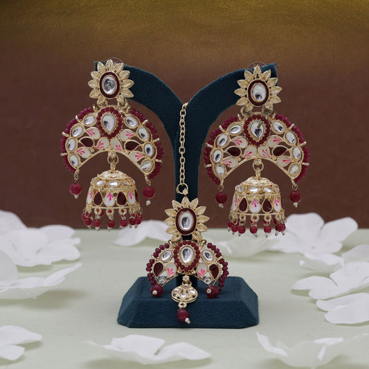 Maroon Color Meena Work Kundan Earrings Tikka Set Crafted For Bridal Kundan Earrings