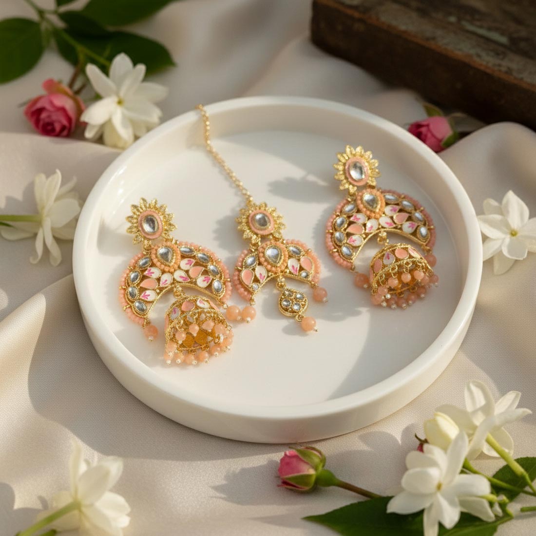 Peach Color Meena Work Kundan Earrings Tikka Set Featuring Soft Traditional Kundan Earrings