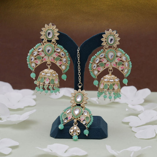 Parrot Green Color Meena Work Kundan Earrings Tikka Set With Artistic Kundan Earrings
