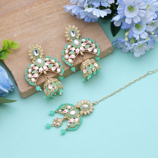 Parrot Green Color Meena Work Kundan Earrings Tikka Set With Artistic Kundan Earrings