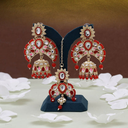 Rotes Color Meena Work Kundan Ohrringe Tikka Set mit klassischen Hochzeits-Kundan-Ohrringen