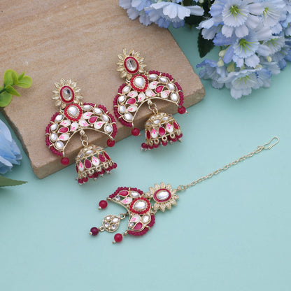 Rani Color Meena Work Kundan Earrings Tikka Set With Royal Festive Kundan Earrings