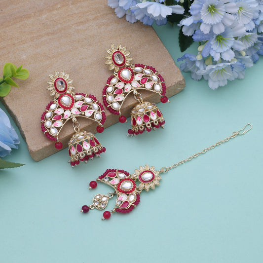 Rani Color Meena Work Kundan Earrings Tikka Set With Royal Festive Kundan Earrings