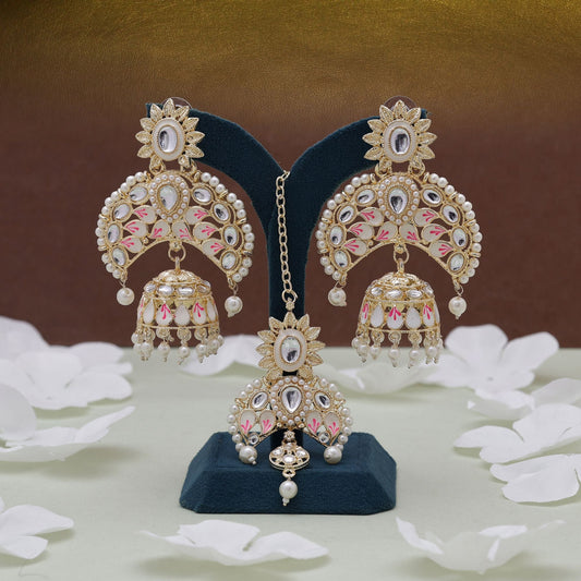 White Color Meena Work Kundan Earrings Tikka Set With Graceful Ethnic Kundan Earrings