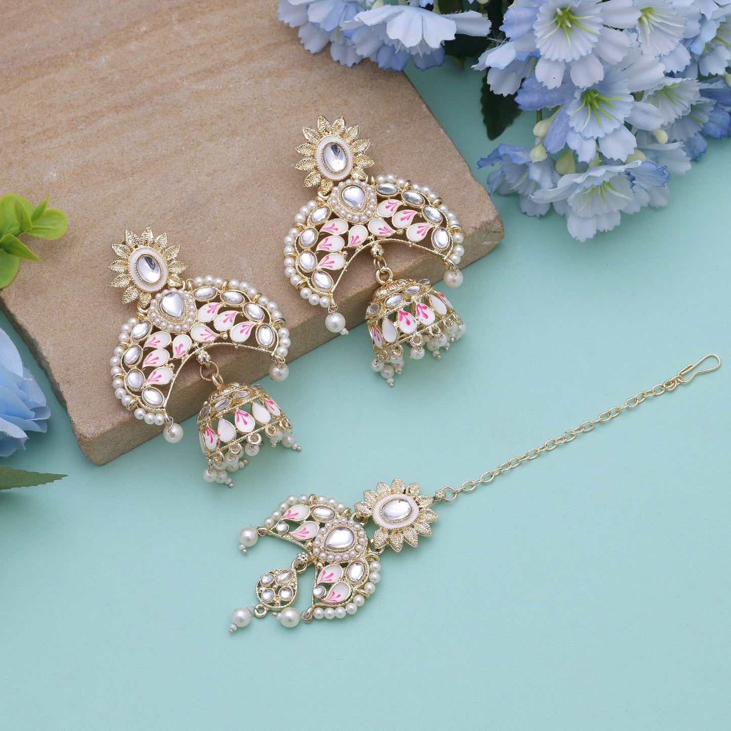 White Color Meena Work Kundan Earrings Tikka Set With Graceful Ethnic Kundan Earrings