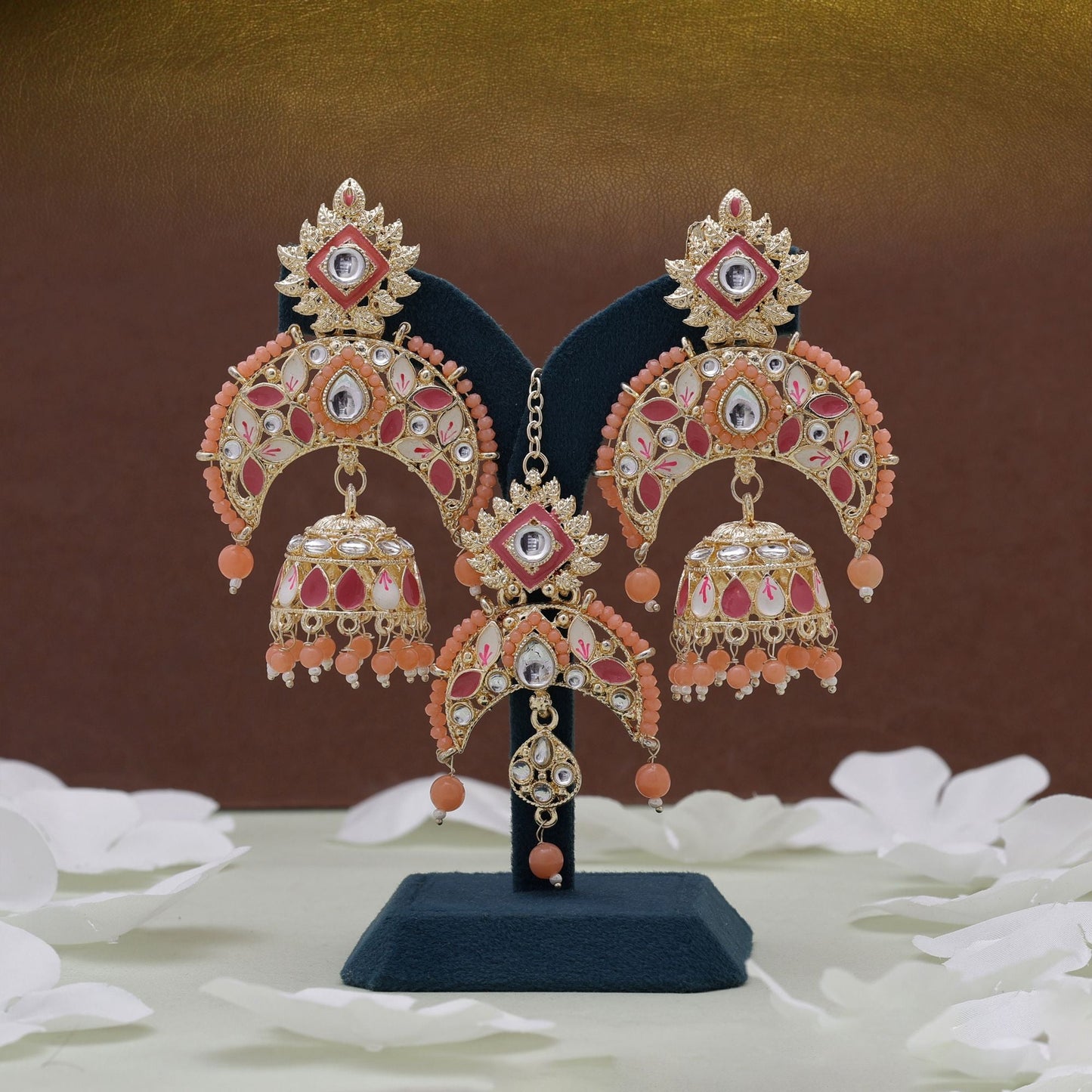 Dark Peach Color Meena Work Kundan Earrings Tikka Set With Premium Kundan Earrings Look