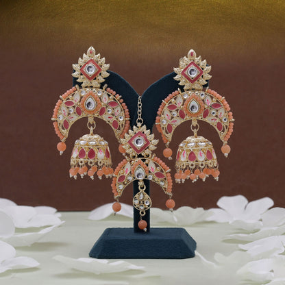 Dark Peach Color Meena Work Kundan Earrings Tikka Set With Premium Kundan Earrings Look