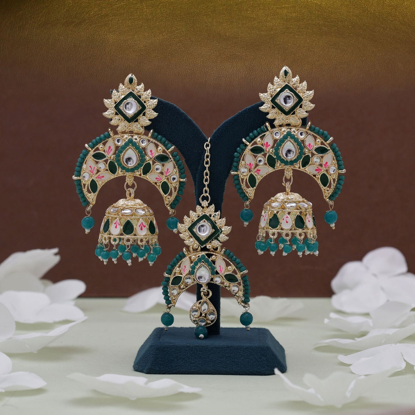 Green Color Meena Work Kundan Earrings Tikka Set Designed For Cultural Kundan Earrings