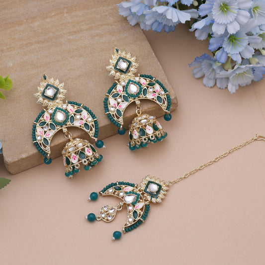 Green Color Meena Work Kundan Earrings Tikka Set Designed For Cultural Kundan Earrings