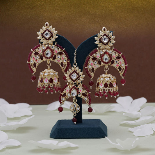 Maroon Color Meena Work Kundan Earrings Tikka Set With Heritage Kundan Earrings Design