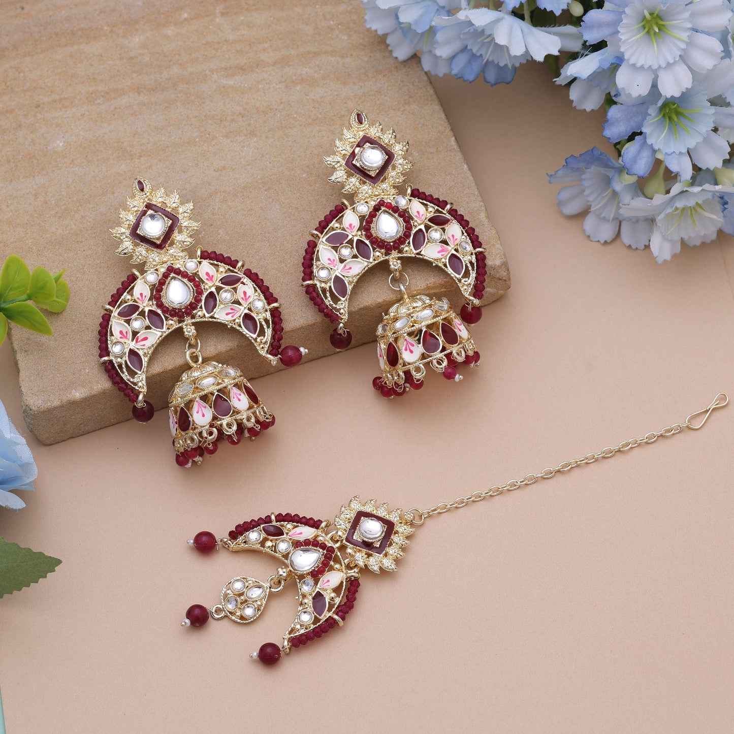 Maroon Color Meena Work Kundan Earrings Tikka Set With Heritage Kundan Earrings Design