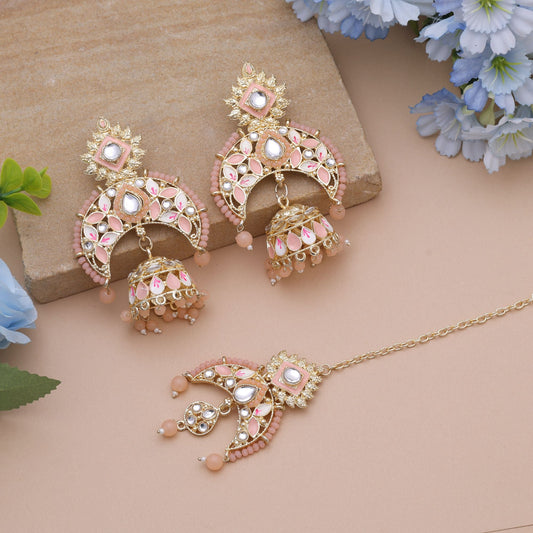 Peach Color Meena Work Kundan Earrings Tikka Set With Elegant Festive Kundan Earrings