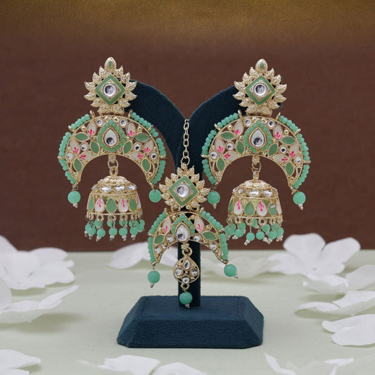 Parrot Green Color Meena Work Kundan Earrings Tikka Set With Vibrant Kundan Earrings