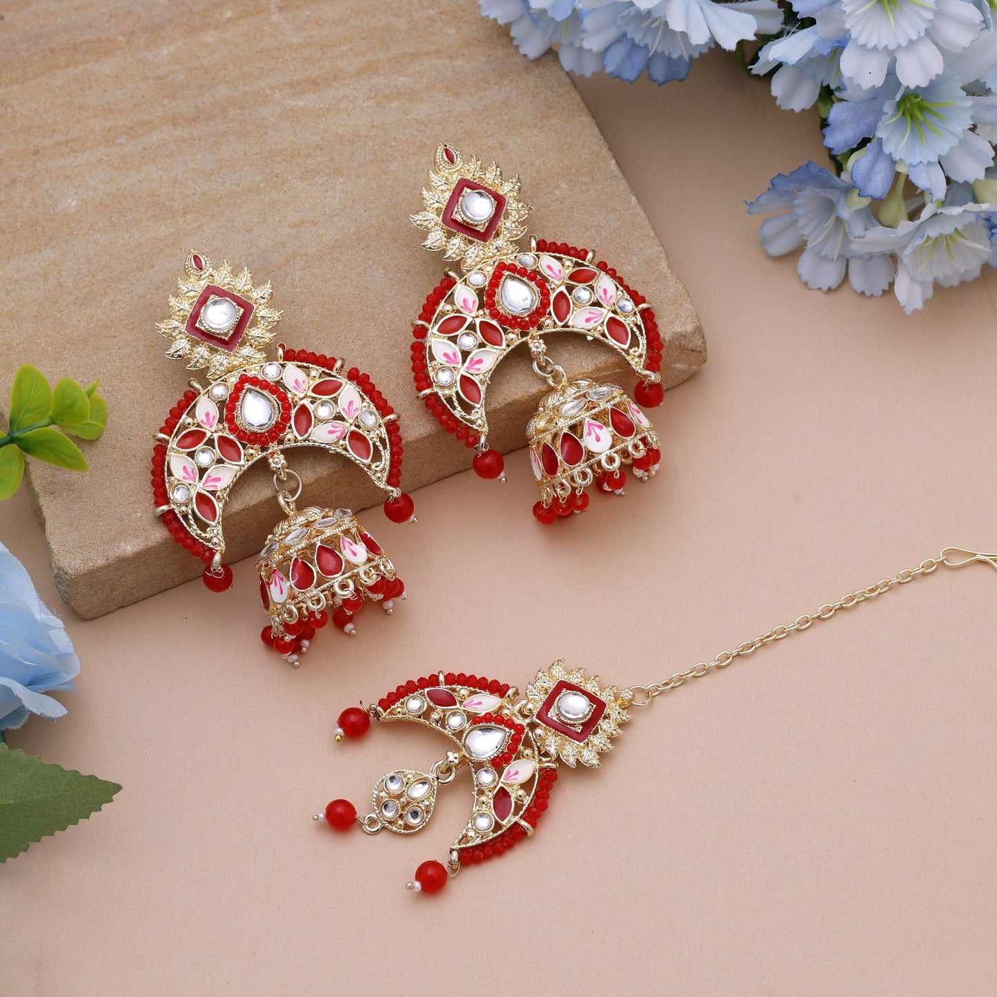 Red Color Meena Work Kundan Earrings Tikka Set Featuring Royal Traditional Kundan Earrings