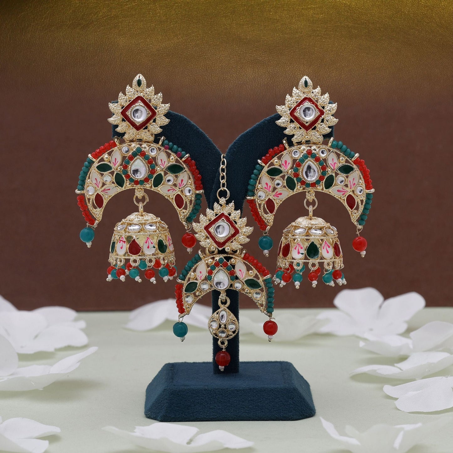 Rot & Grün Meena Arbeit Kundan Ohrringe Tikka Set mit Hochzeit Kundan Ohrringen