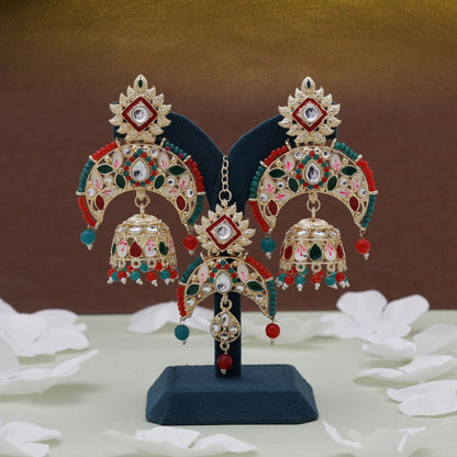 Rot & Grün Meena Arbeit Kundan Ohrringe Tikka Set mit Hochzeit Kundan Ohrringen