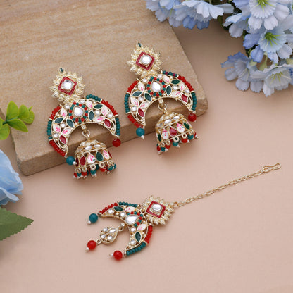Rot & Grün Meena Arbeit Kundan Ohrringe Tikka Set mit Hochzeit Kundan Ohrringen