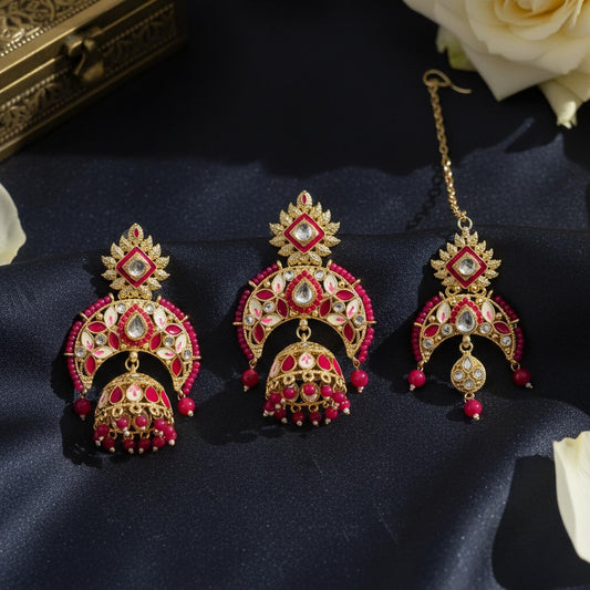 Rani Color Meena Work Kundan Earrings Tikka Set With Luxurious Kundan Earrings Finish