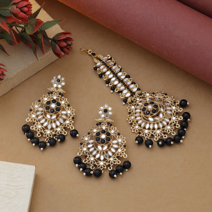 Black Color Kundan Earrings Tikka Set Featuring Statement Ethnic Kundan Earrings