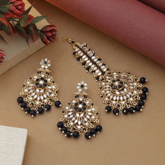 Black Color Kundan Earrings Tikka Set Featuring Statement Ethnic Kundan Earrings