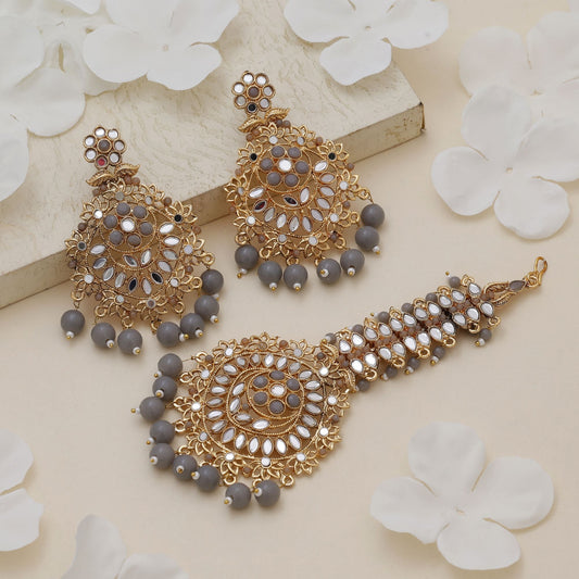Grey Color Kundan Earrings Tikka Set With Contemporary Traditional Kundan Earrings