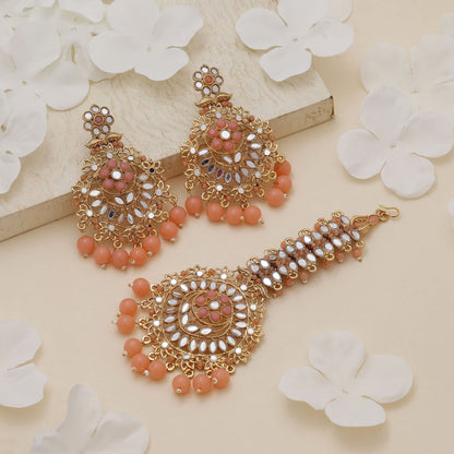 Peach Color Kundan Earrings Tikka Set With Soft Elegant Traditional Kundan Earrings